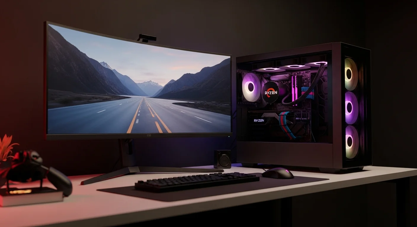 Una de las 7 Pc, específicamente una computadora pc gamer ryzen 7 con iluminación RGB y un monitor curvo, mostrando la potencia de la plataforma.