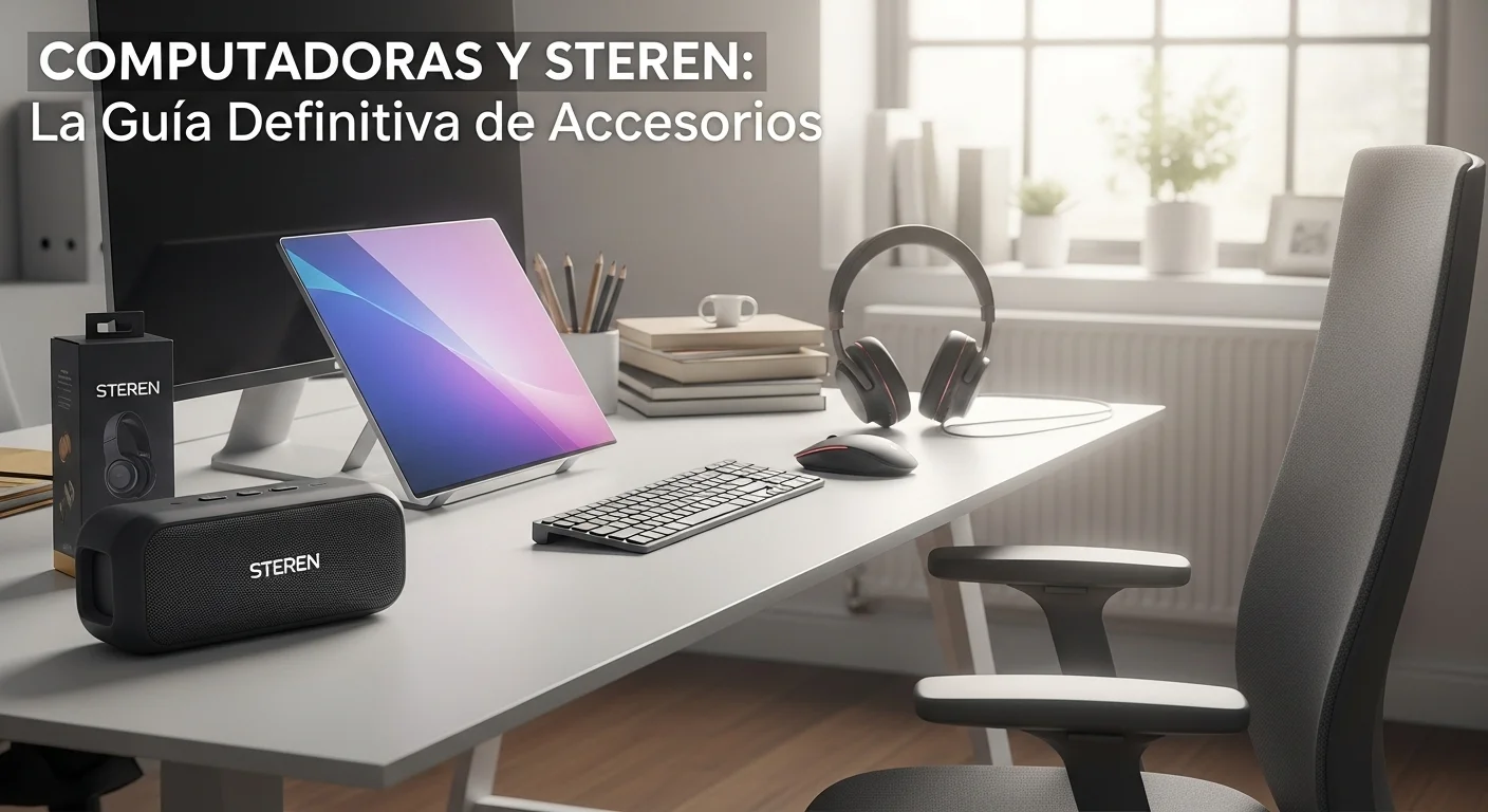 Escritorio de oficina moderno con una variedad de accesorios para computadoras de la marca Steren, incluyendo un mouse, teclado, audífonos y un parlante.