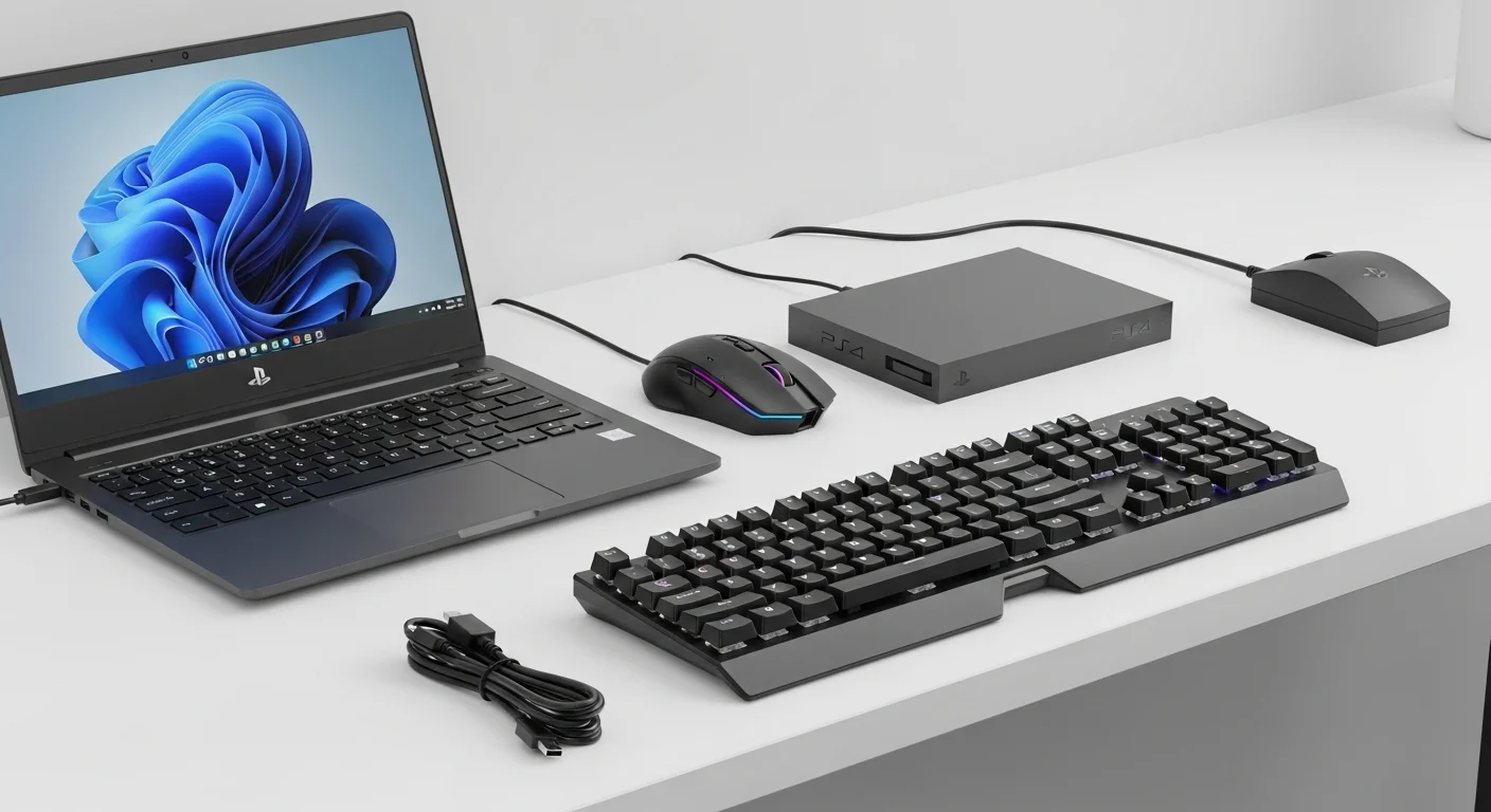 Escritorio de trabajo y juego mostrando accesorios esenciales como un mouse, teclado, y un cable de corriente para PS4 junto a una laptop.