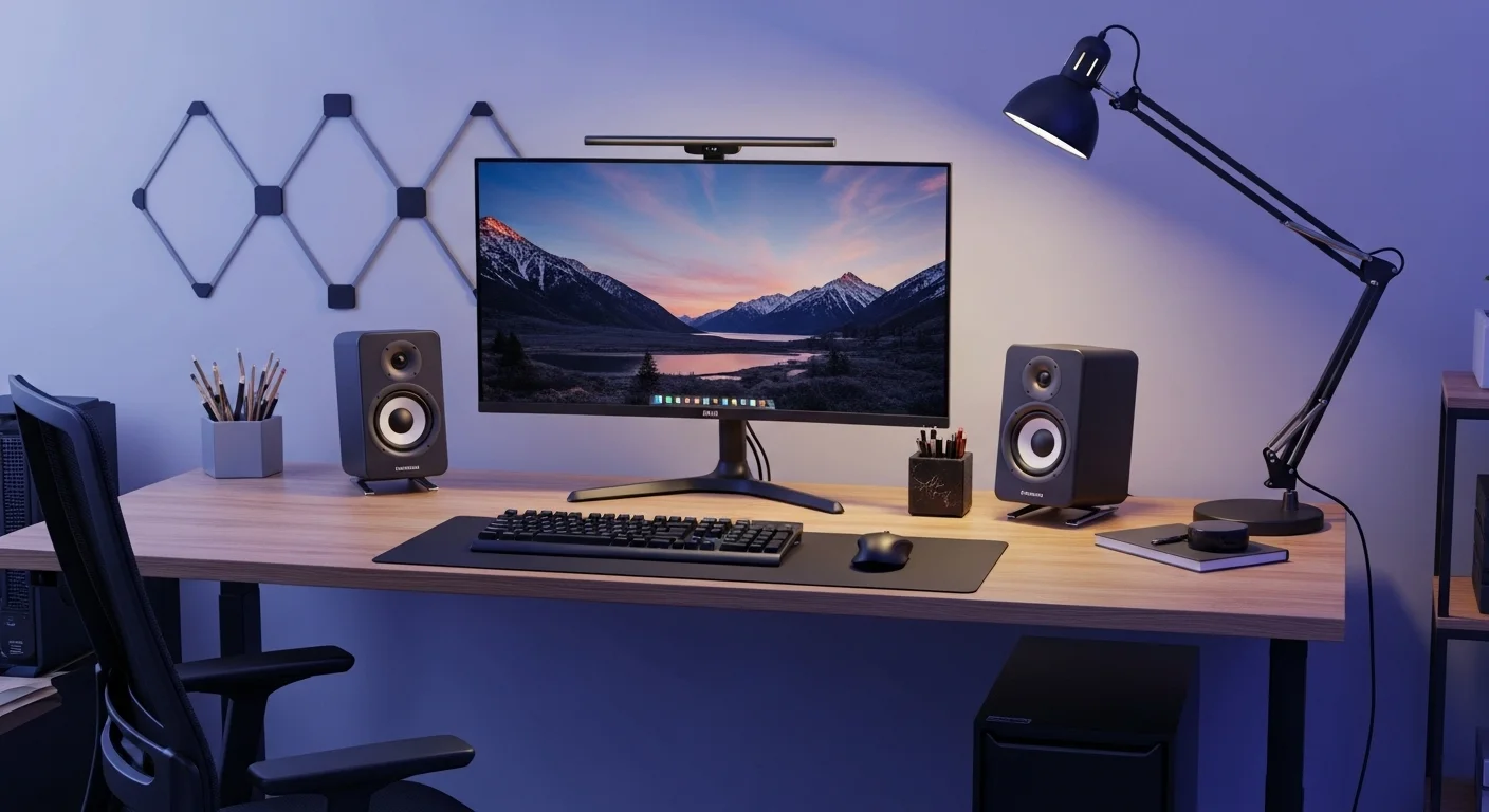 Accesorios para un escritorio de computadora, incluyendo parlantes para pc escritorio, un pad para escritorio y una lámpara de monitor