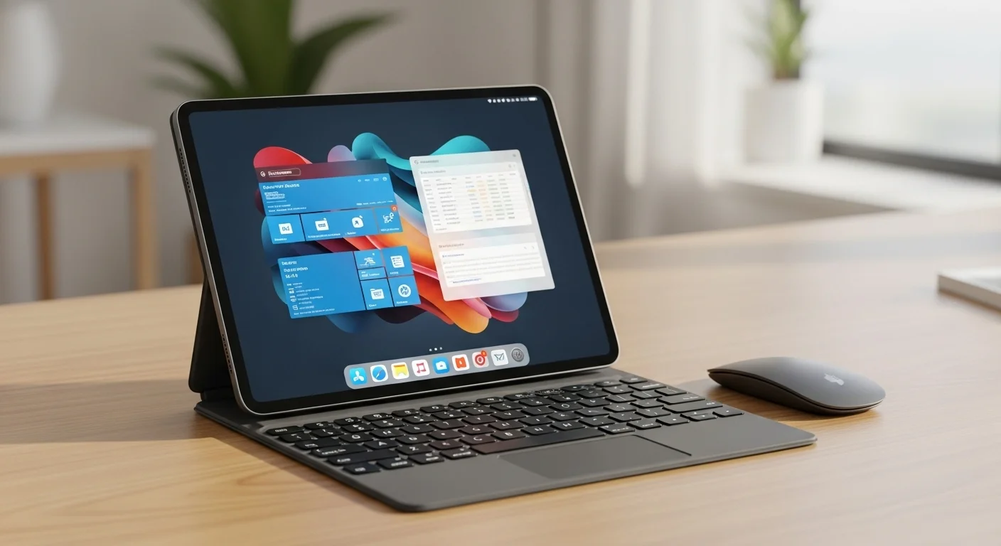 Una tablet sobre un escritorio de madera convertida en una computadora con un teclado externo y un mouse bluetooth, mostrando una configuración de productividad.