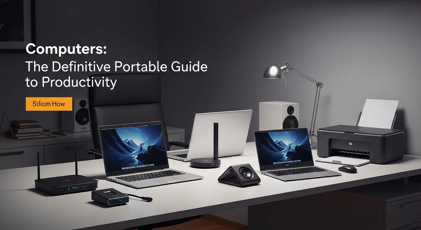 Un escritorio moderno con varias computadoras y accesorios portátiles como un modem, altavoces y una impresora.