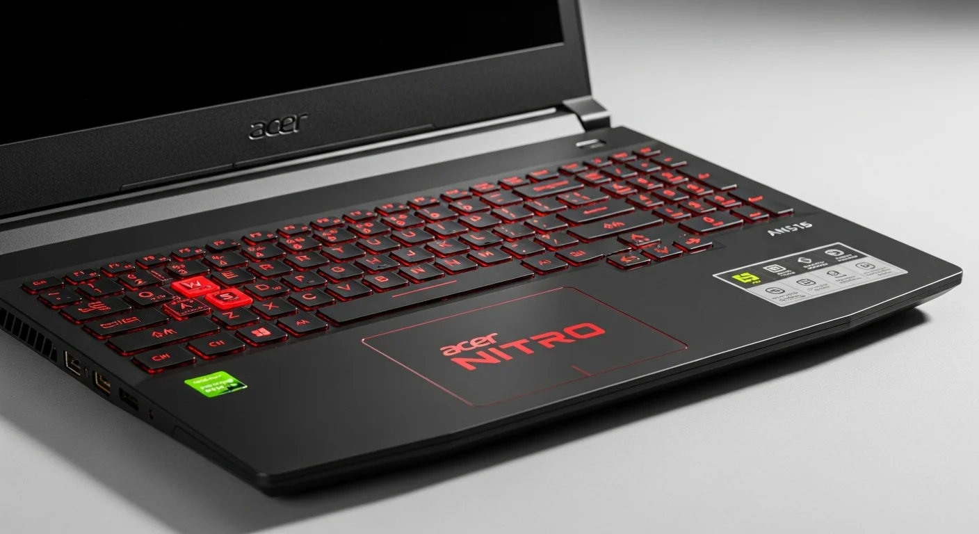 Laptop para gaming de la serie de computadoras Acer AN515 con un teclado retroiluminado en rojo y el logo de Nitro en la carcasa, representando la potencia tecnológica.