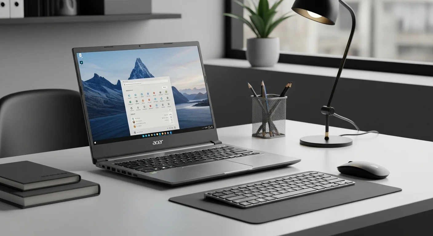 Una computadora portátil de la serie Acer Aspire 15 mostrada en un entorno de oficina moderno junto a accesorios tecnológicos