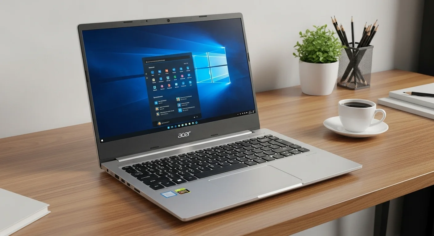 Una laptop Acer Aspire 5 A515 plateada abierta sobre una mesa de madera, mostrando el teclado retroiluminado y la pantalla con el logo de Windows. Al fondo, se aprecian accesorios de oficina como una planta y un café.