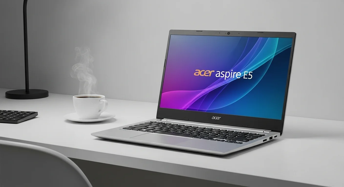 Una computadora portátil Acer Aspire E5 sobre un escritorio moderno junto a una taza de café, mostrando su teclado y pantalla