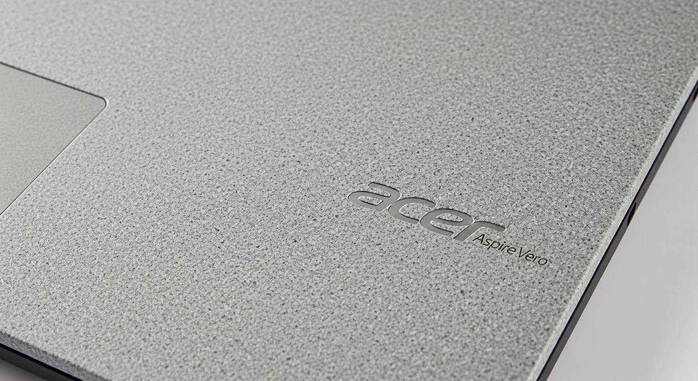 Detalle de la carcasa de un Acer Aspire Vero, resaltando su textura de plástico reciclado y el logo de la marca grabado, simbolizando la sostenibilidad.