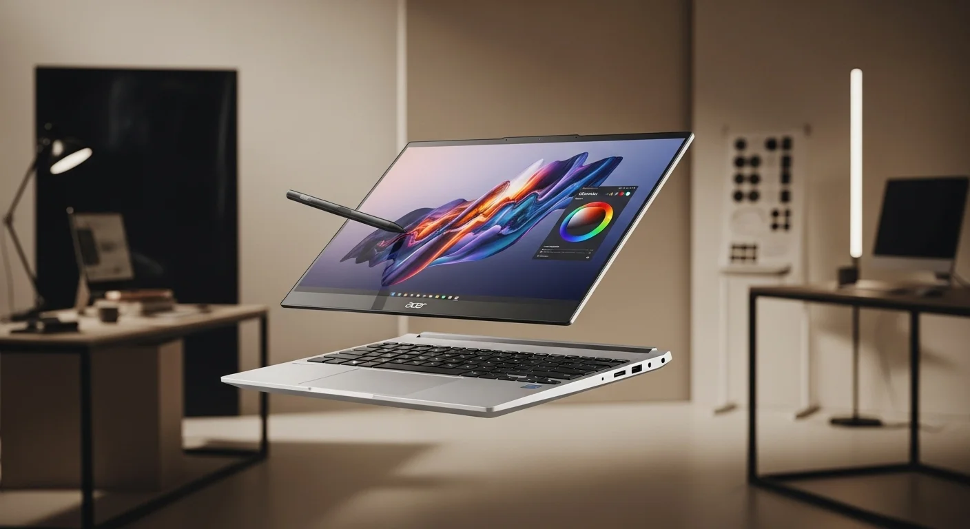 Una computadora laptop Acer Conceptd 7 Ezel en un estudio de diseño, mostrando su pantalla flotante y un lápiz óptico.