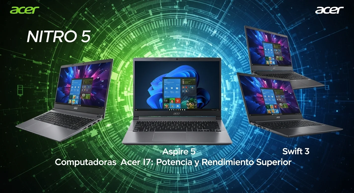 Collage de laptops Acer I7, incluyendo los modelos Nitro 5, Aspire 5 y Swift 3, sobre un fondo tecnológico abstracto que representa la potencia de las computadoras modernas.