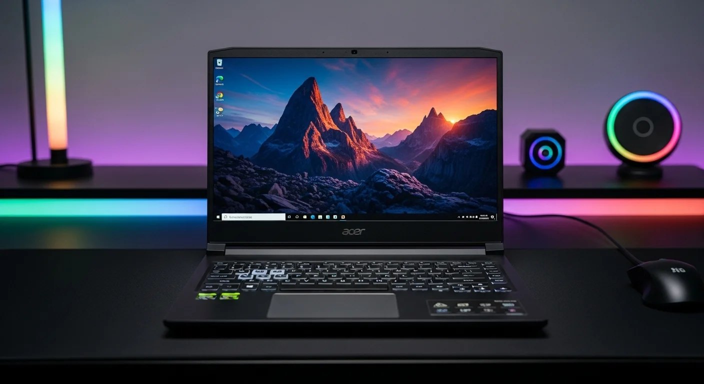 Una computadora portátil Acer Nitro 5 An515 mostrando su teclado retroiluminado en un escritorio de tecnología gaming.