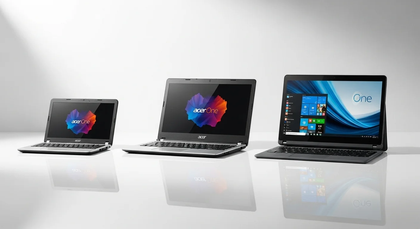 Una composición de varias computadoras de la serie Acer One, mostrando la evolución desde un netbook clásico a un moderno 2-en-1