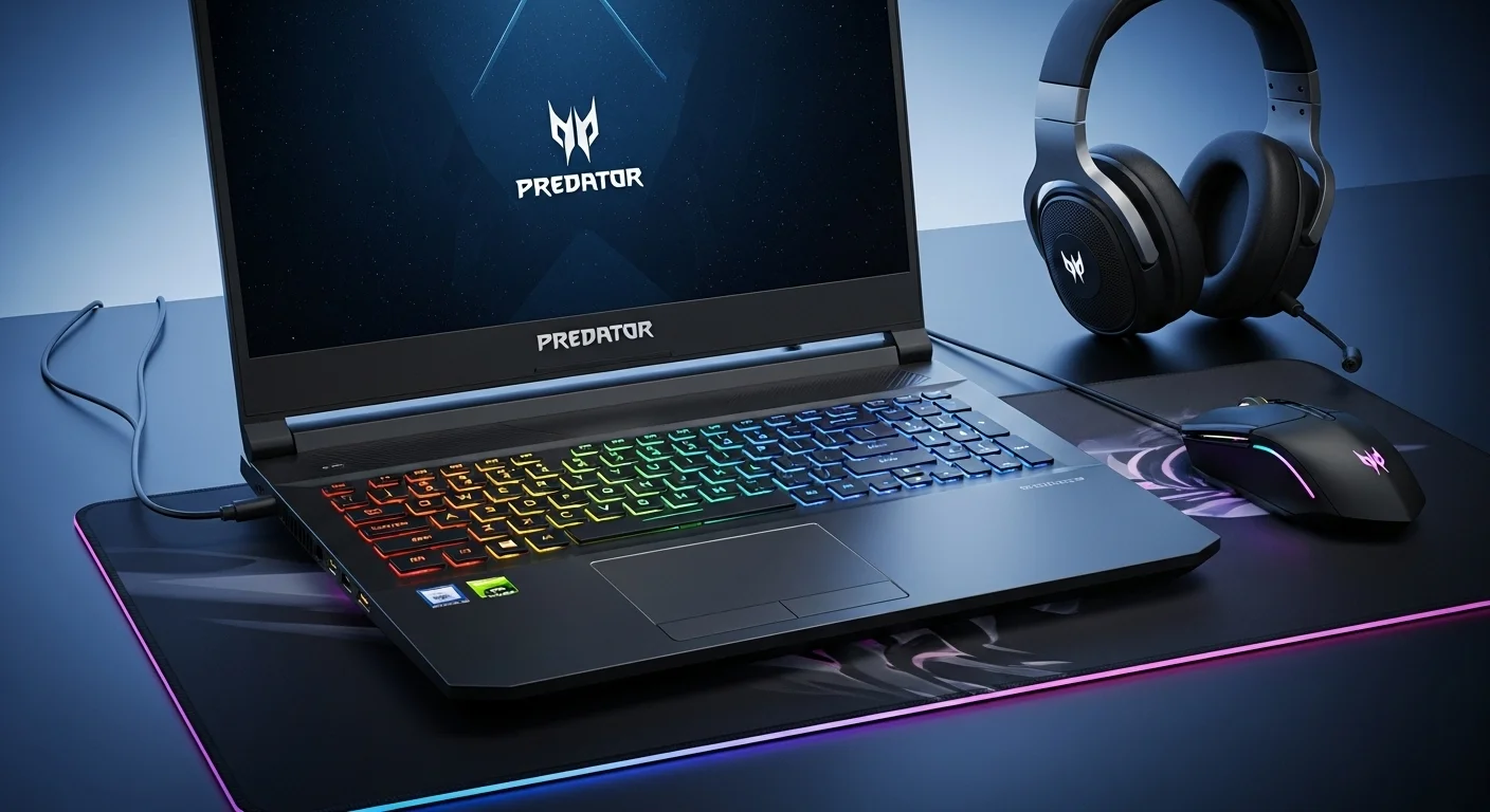 Una computadora portátil Acer Predator Helios iluminada con luces RGB, mostrando su teclado y el logo de Predator en una configuración de gaming.