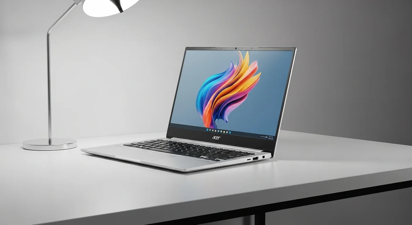 Computadora portátil Acer Swift 3 SF314 sobre un escritorio limpio y moderno, mostrando su diseño delgado y pantalla brillante.