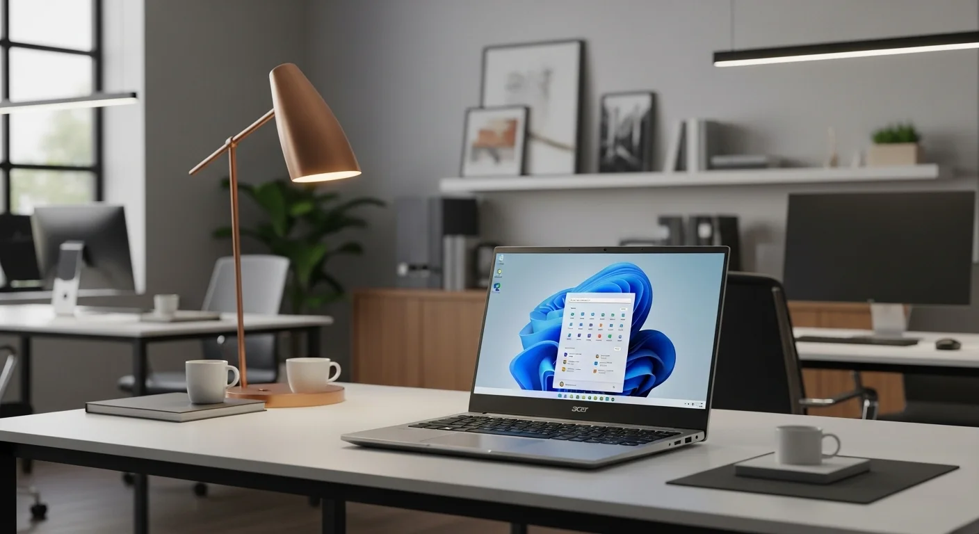 Una computadora portátil Acer Travelmate P6 sobre un escritorio moderno en un entorno de oficina, mostrando su diseño elegante y profesional.