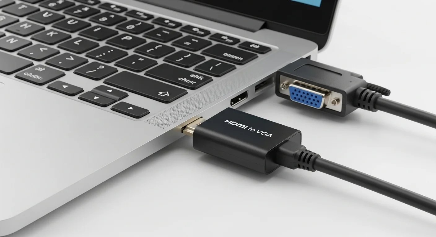 Un adaptador de Hdmi a Vga negro conectado al puerto HDMI de una computadora portátil plateada, con un cable VGA listo para ser conectado al otro extremo.