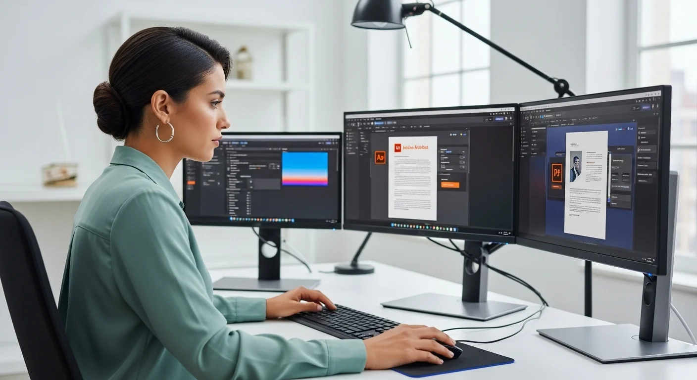 Una persona utilizando Adobe Acrobat en una moderna configuración de computadoras con múltiples monitores, mostrando la edición de un documento PDF.