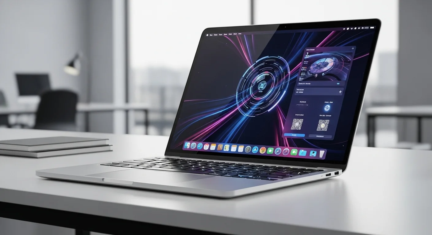 Una computadora portátil Air Apple de diseño futurista sobre un escritorio minimalista, simbolizando la tecnología y la innovación.