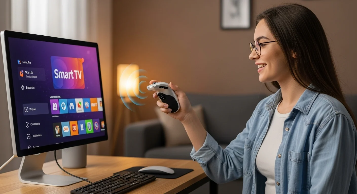 Una persona sosteniendo un Air Mouse ergonómico frente a una computadora con una interfaz de Smart TV, demostrando su uso en el entretenimiento doméstico.