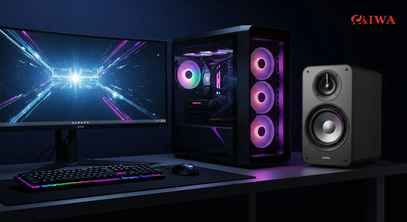 Un moderno escritorio con computadoras y una bocina Aiwa destacada, mostrando un setup de audio de alta calidad para gaming y trabajo.