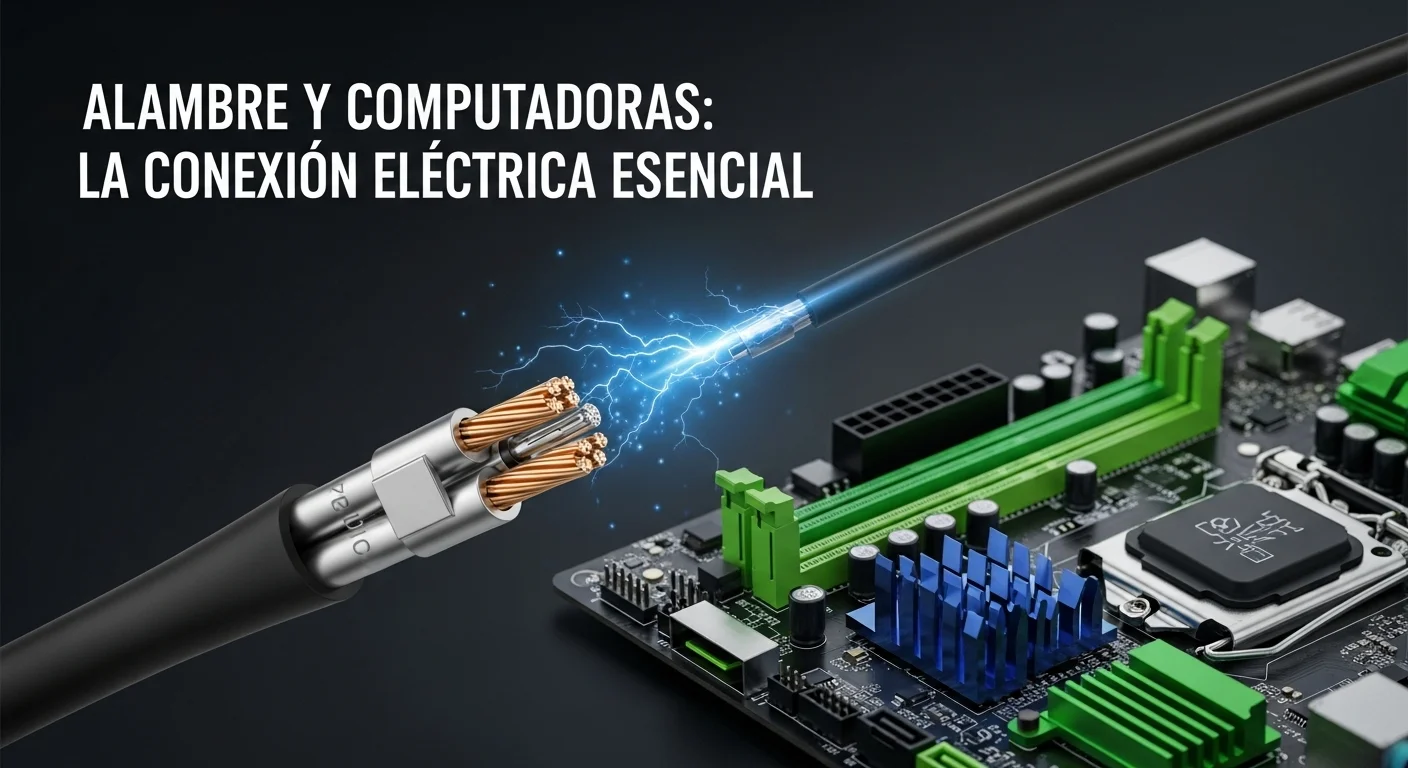 Una imagen conceptual que muestra cables eléctricos como alambre 12 conectándose a una placa base de computadora, simbolizando la unión de la energía y la tecnología.
