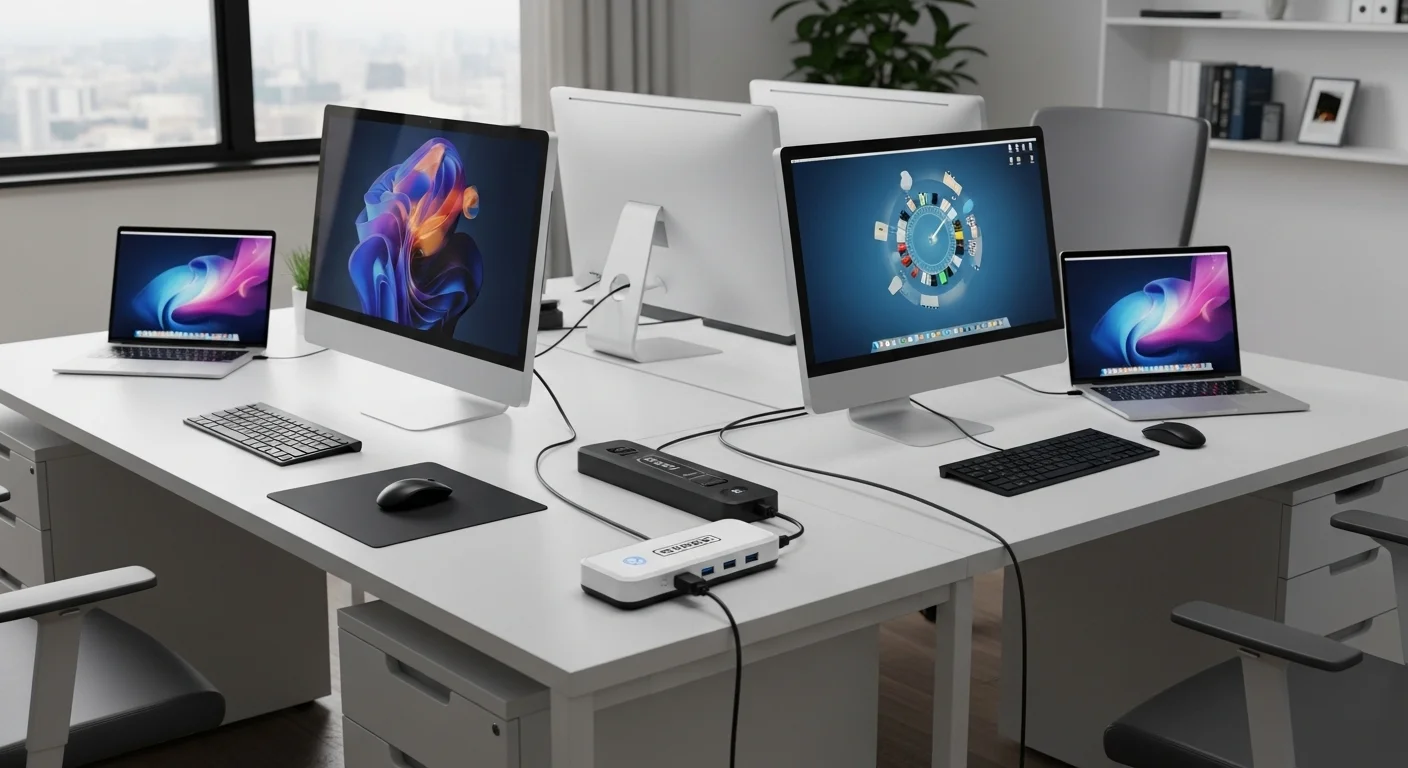 Un moderno setup de oficina con varias computadoras y periféricos conectados a un alargue con supresor de picos y puertos USB.