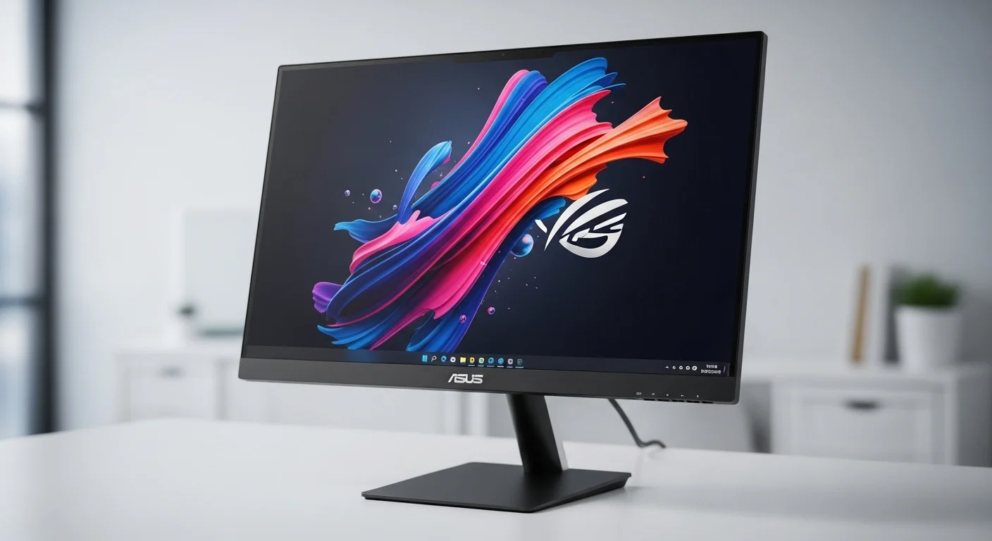Primer plano de la pantalla de un All in One PC Asus mostrando gráficos vibrantes, destacando su calidad de imagen y diseño de bisel delgado.