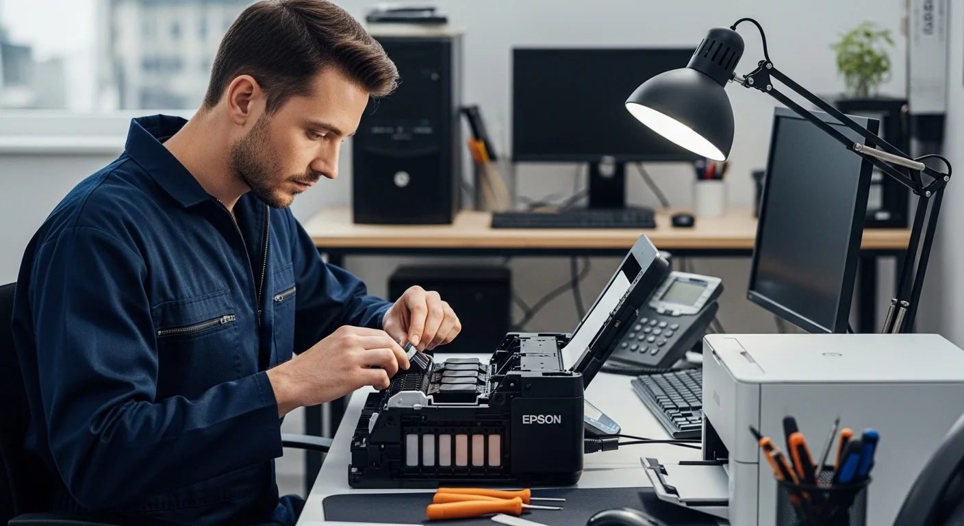 Una persona experta en computadoras realizando el mantenimiento de una impresora Epson, cambiando las almohadillas de tinta.