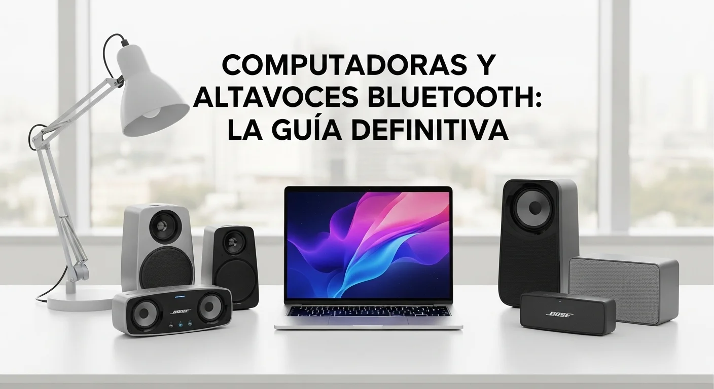 Una configuración de oficina moderna con una laptop y varios altavoces bluetooth de diferentes tamaños, incluyendo un modelo Bose.