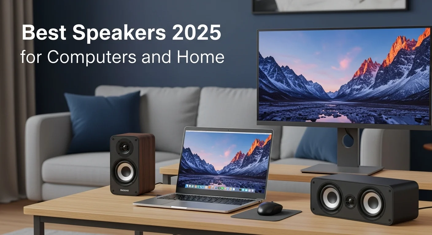 Ambiente de sala de estar con los mejores altavoces bluetooth 2025 colocados junto a una laptop y una pantalla, mostrando su versatilidad.