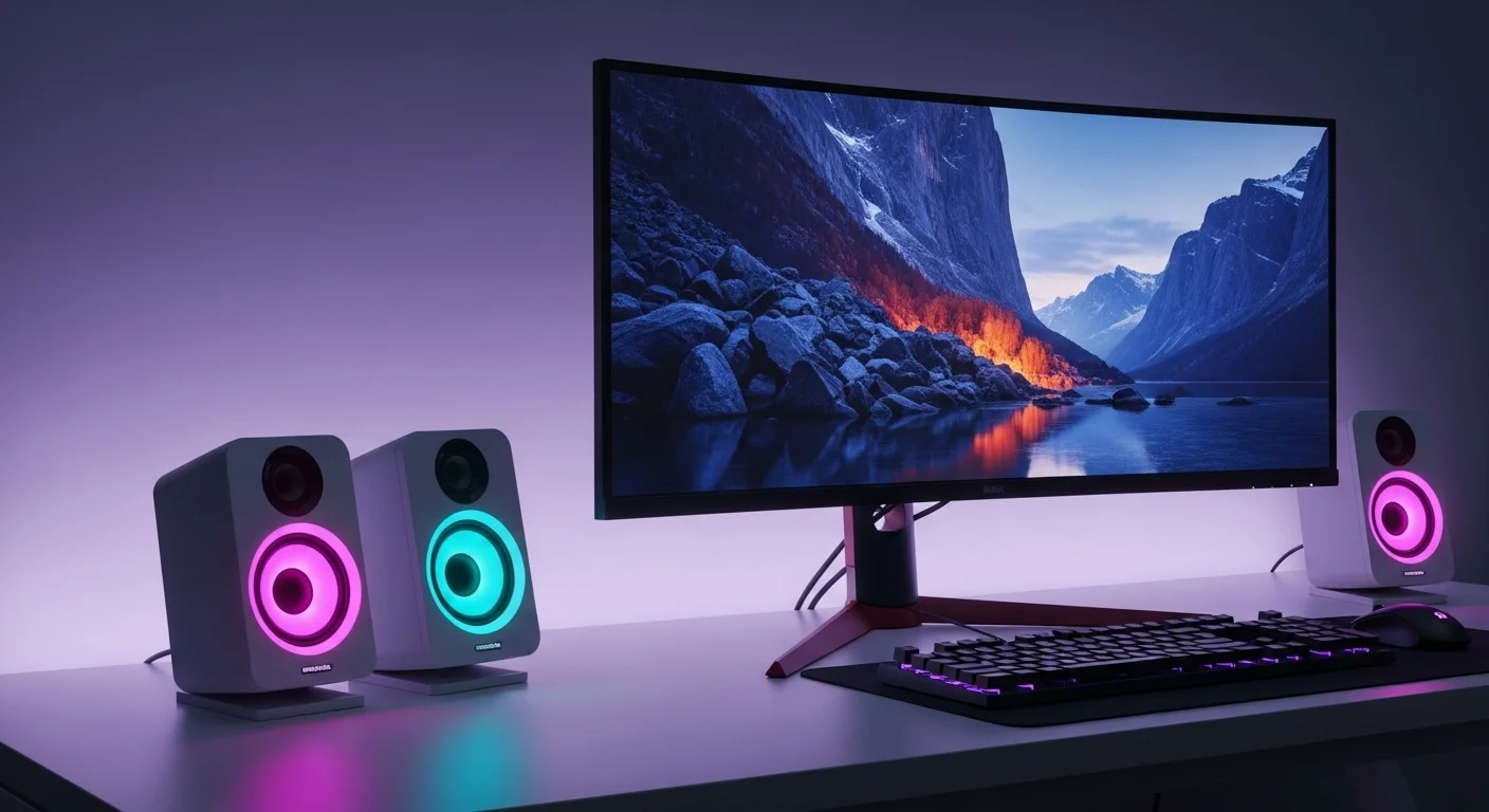 Configuración de escritorio para computadoras con altavoces monitor iluminados junto a un monitor curvo para gaming.