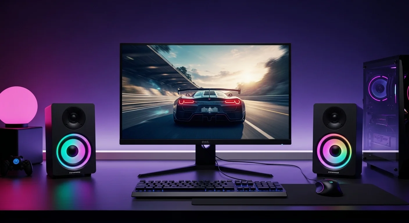 Setup de gaming iluminado con altavoces estéreo de alta calidad junto a un monitor de computadora