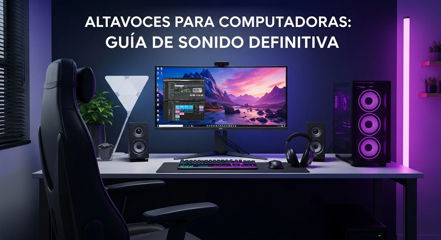 Moderno setup de oficina con altavoces para computadoras, un monitor curvo y teclado iluminado, representando la importancia del audio de calidad.