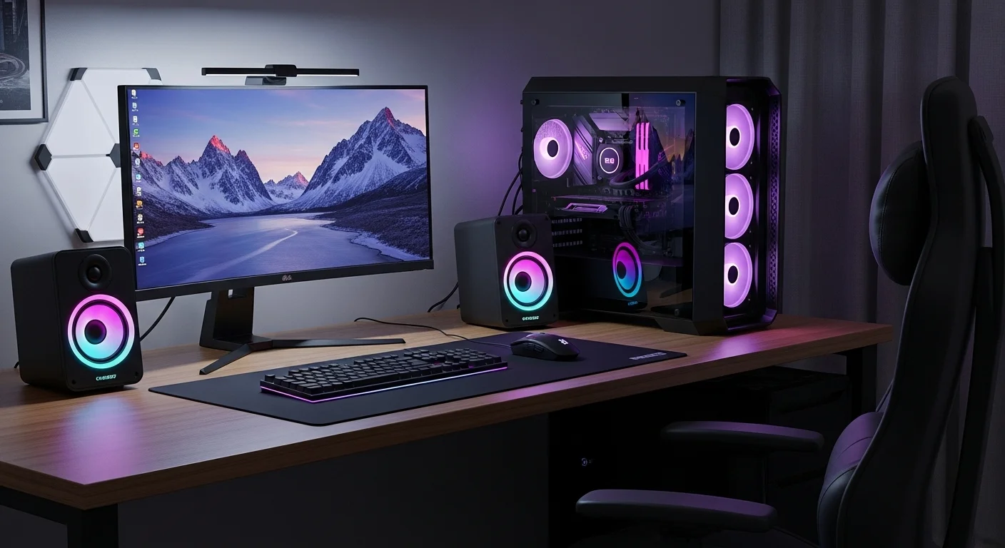 Setup de computadoras con modernos altavoces PC gaming con iluminación RGB sobre un escritorio tecnológico.