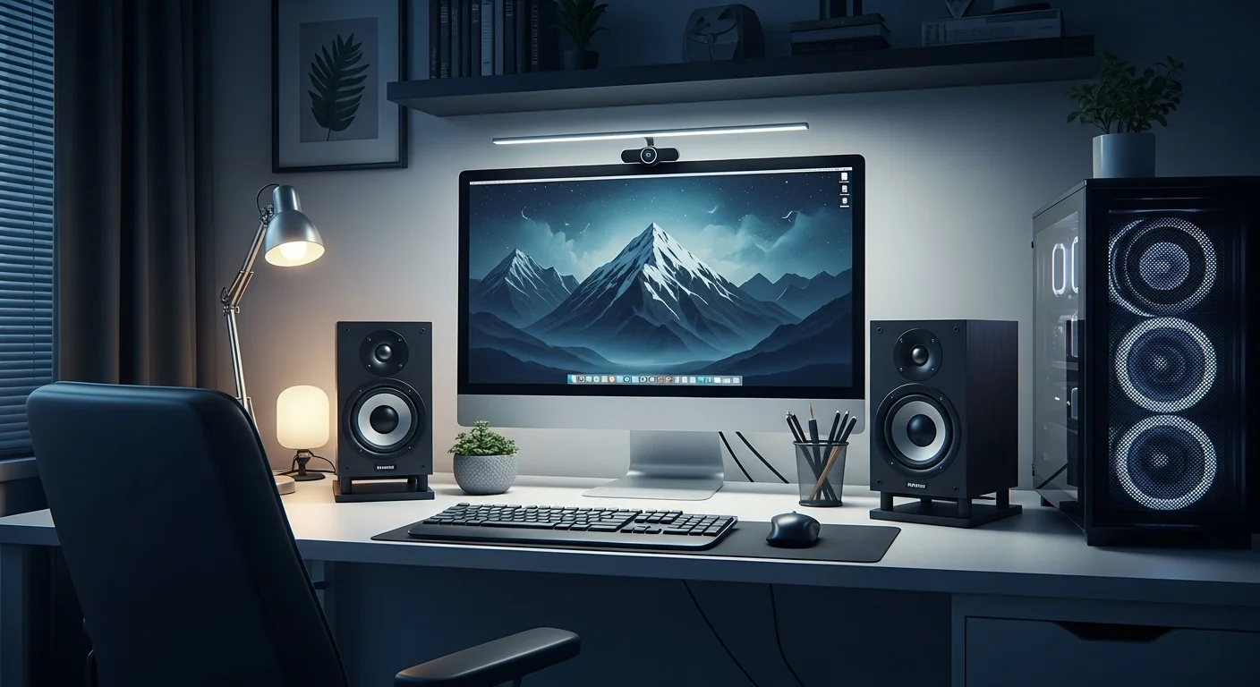 Configuración de escritorio moderna con computadoras y altavoces potentes y elegantes, mostrando un ambiente de trabajo tecnológico y de alta productividad.