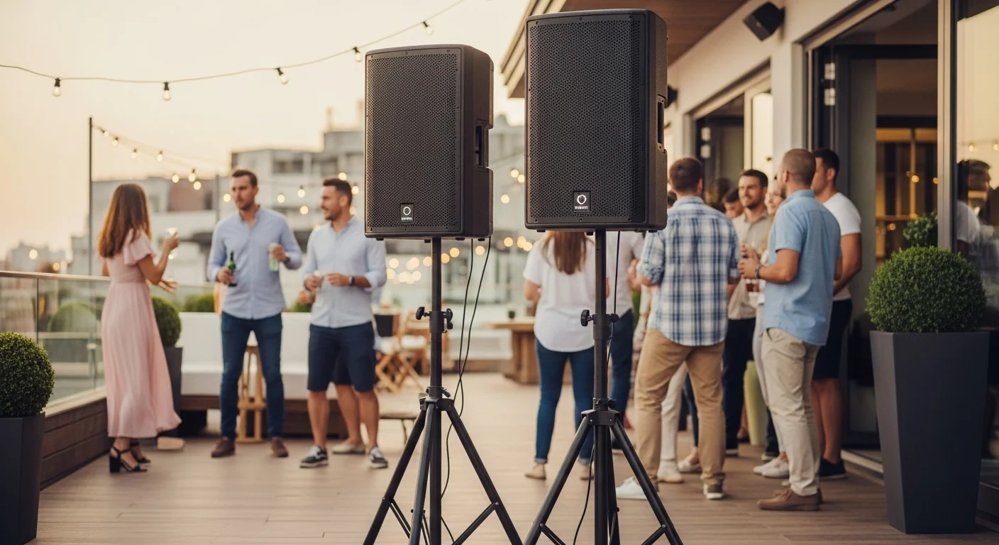 Dos grandes altavoces para fiestas al aire libre montados en trípodes durante un evento diurno.