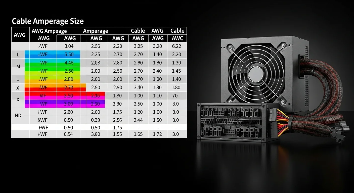 Tabla de amperaje para cables AWG junto a una fuente de poder modular para computadoras de alto rendimiento.