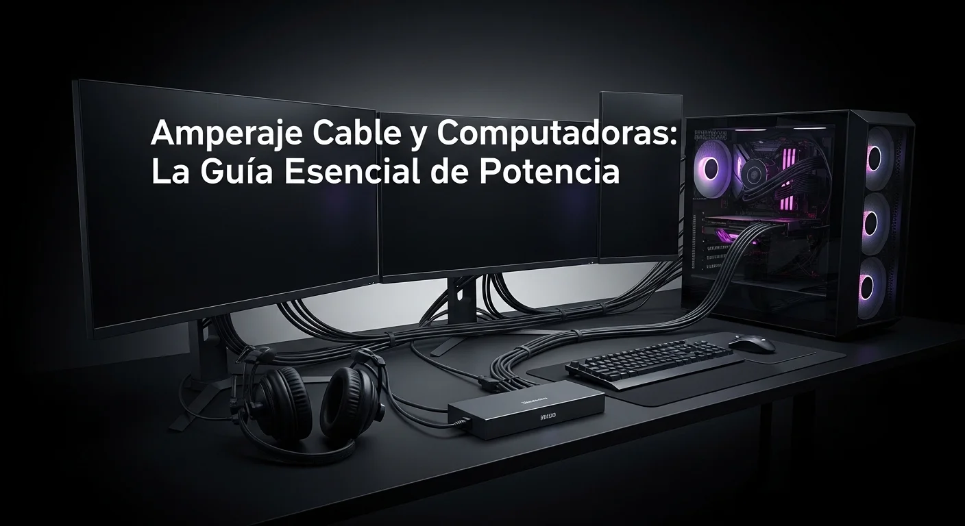 Una configuración de computadora de alta gama con múltiples monitores, mostrando claramente los cables de alimentación organizados y conectados a un supresor de picos de calidad.