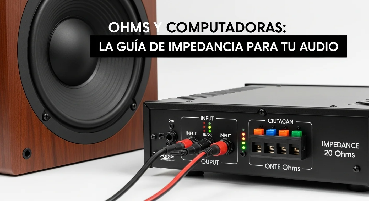 Primer plano de la parte trasera de un amplificador de audio conectado a una bocina, mostrando los terminales y la relevancia de la impedancia en Ohms.