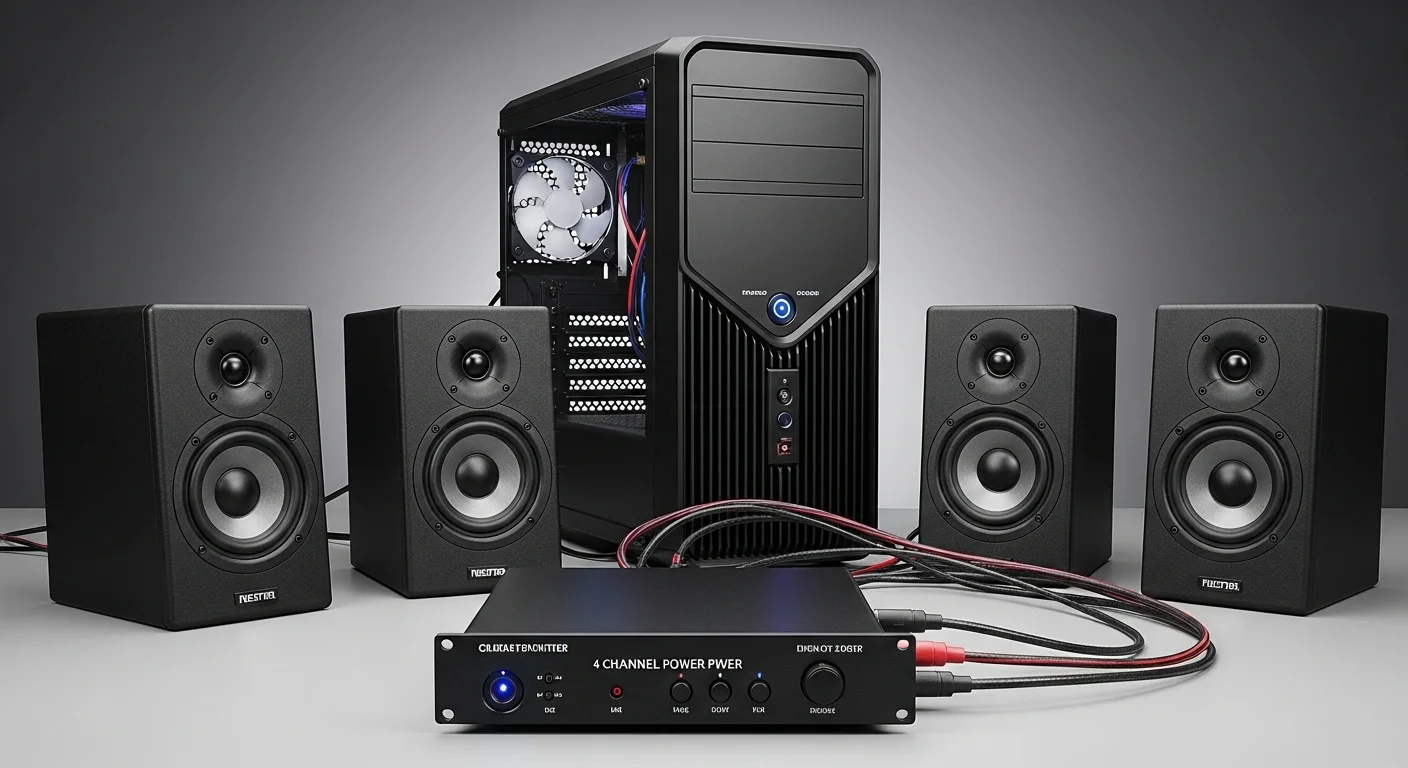 Un amplificador para bocinas de 4 canales conectado a una computadora y a cuatro altavoces pasivos, ilustrando una configuración de audio DIY.