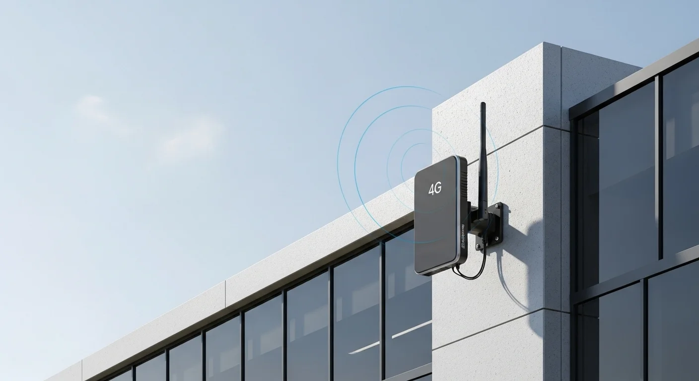 Antena modem 4G direccional de alta ganancia montada en el exterior de un edificio para mejorar la señal de computadoras y equipos de oficina