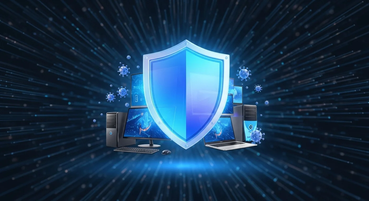 Ilustración de un escudo digital protegiendo varias computadoras y laptops contra virus y amenazas de malware, simbolizando la seguridad antivirus.
