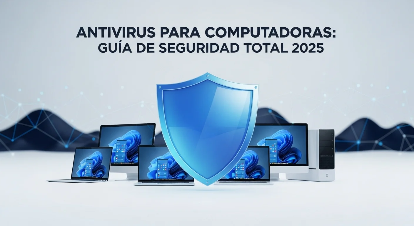 Un escudo digital protegiendo computadoras y laptops de virus y amenazas, simbolizando la acción de un antivirus para pc.