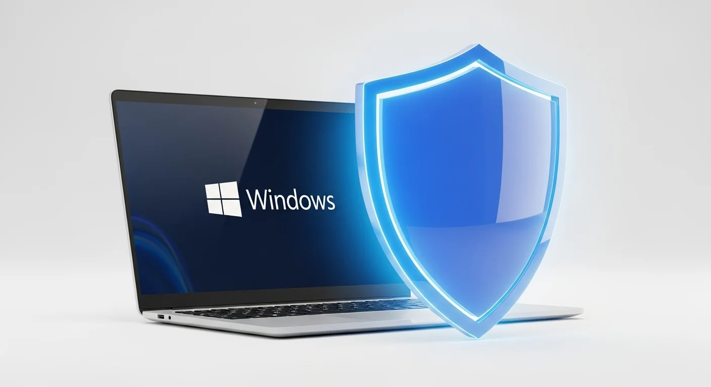 Una imagen conceptual mostrando un escudo protegiendo una computadora portátil con el logo de Windows, simbolizando la protección de un Antivirus Windows.