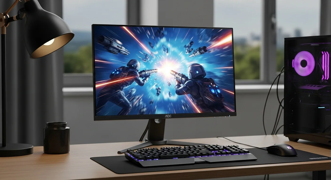 Escritorio de computadoras con un vibrante monitor AOC 144hz mostrando una escena de acción de un videojuego, destacando la fluidez y el color.