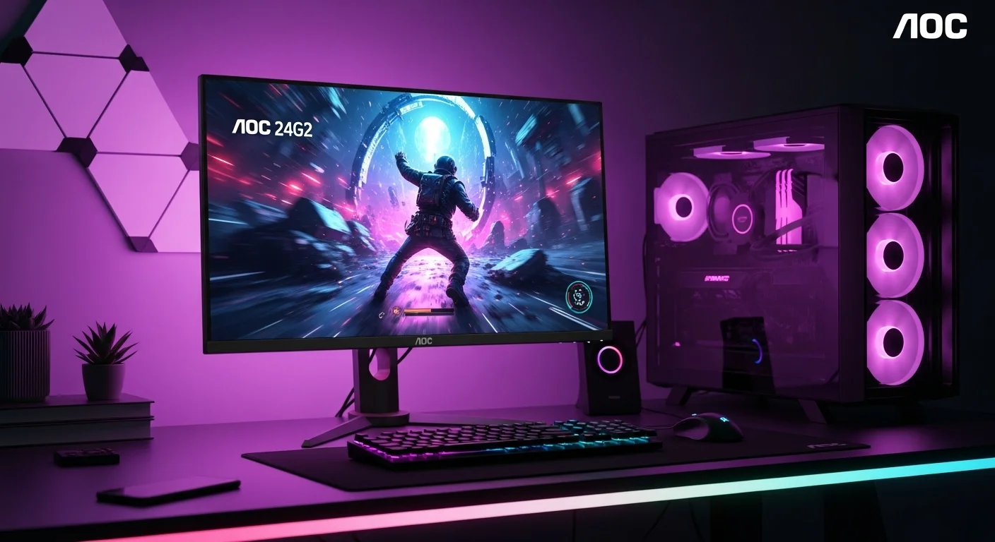 Escritorio de computadoras iluminado con luces RGB y un monitor Aoc 24G2 24 mostrando un videojuego de alta velocidad.