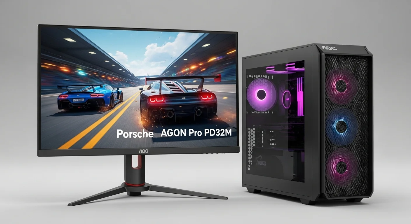 Monitor AOC AGON Pro PD32M junto a una computadora de alta gama, mostrando un juego con gráficos vibrantes, destacando su diseño Porsche y tecnología Mini LED.