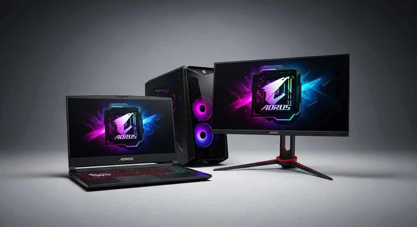 Una composición de computadoras laptop Aorus junto a un monitor gaming Aorus, mostrando un setup de alta tecnología y rendimiento.