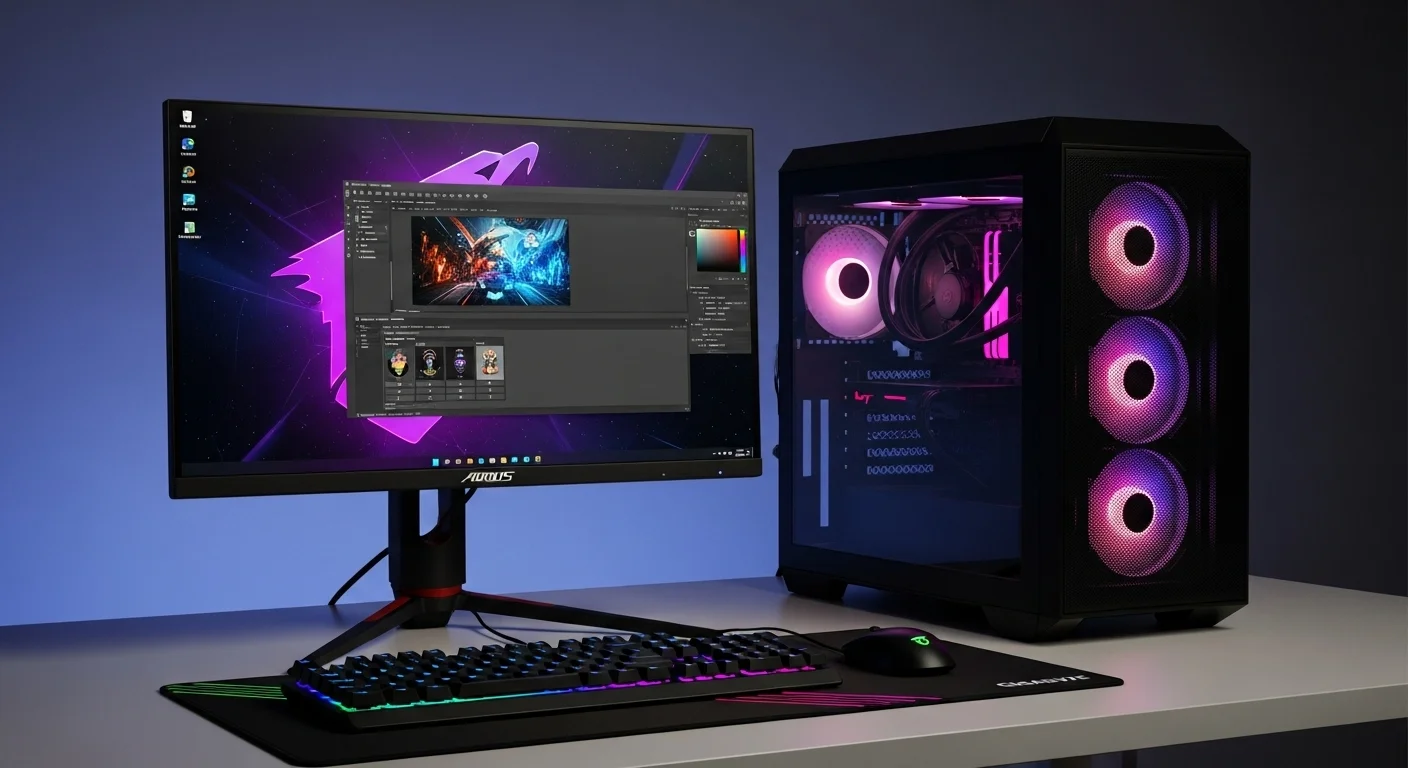 Monitor Gigabyte Aorus Fi27q en un escritorio junto a una computadora gaming iluminada con RGB, mostrando la perfecta sinergia tecnológica.