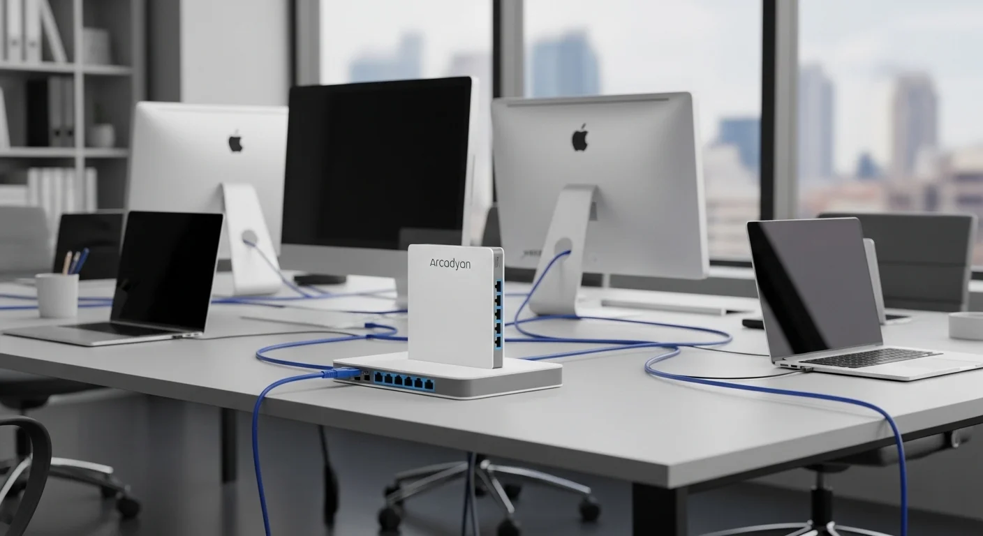 Un moderno equipo Arcadyan ONT blanco en un escritorio de oficina, con cables de red conectados que se dirigen hacia laptops y computadoras, ilustrando la conectividad de alta velocidad.