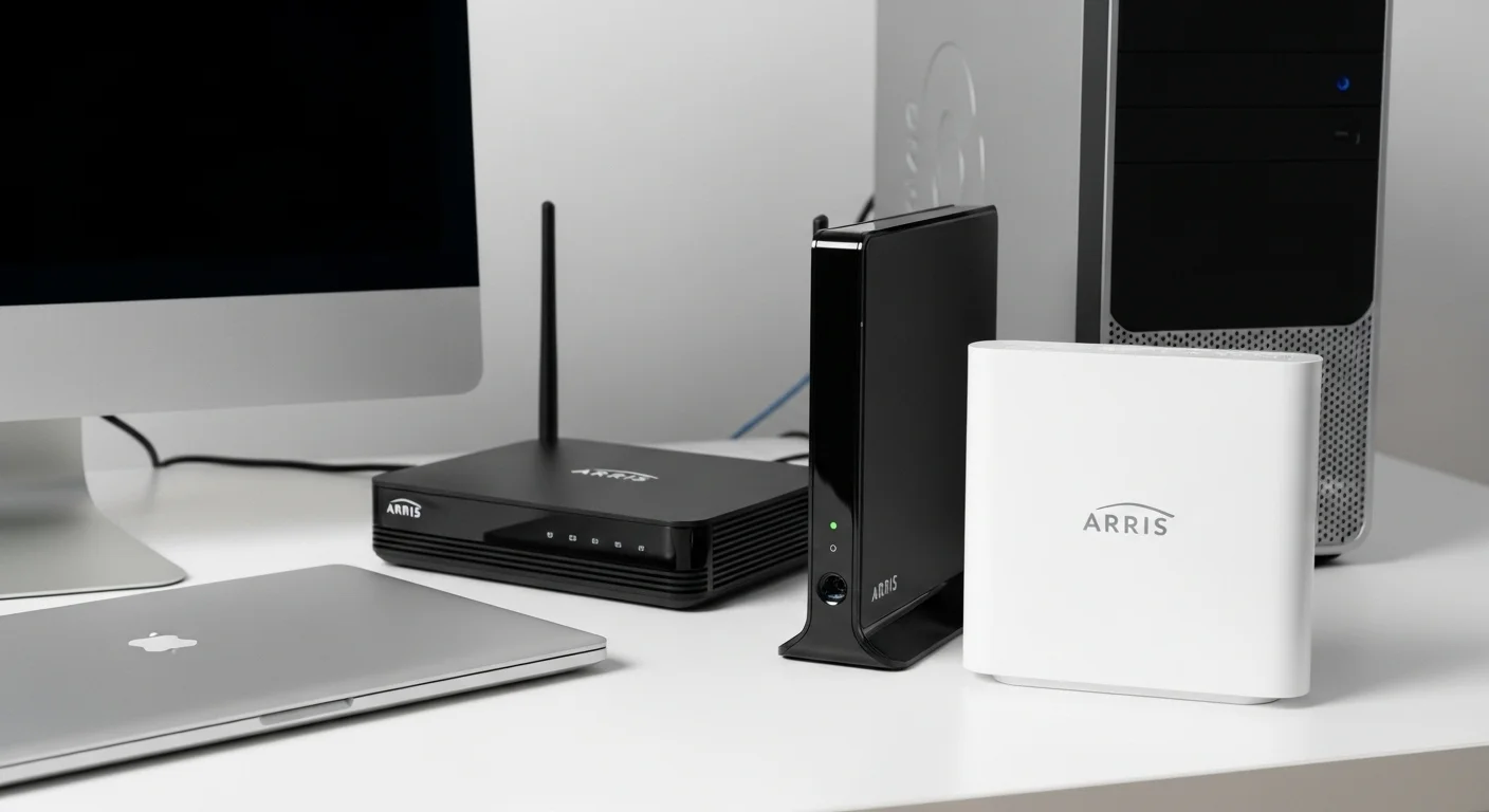 Un modem y router Arris sobre un escritorio junto a una laptop y una computadora de escritorio, simbolizando la conexión a internet y la tecnología.